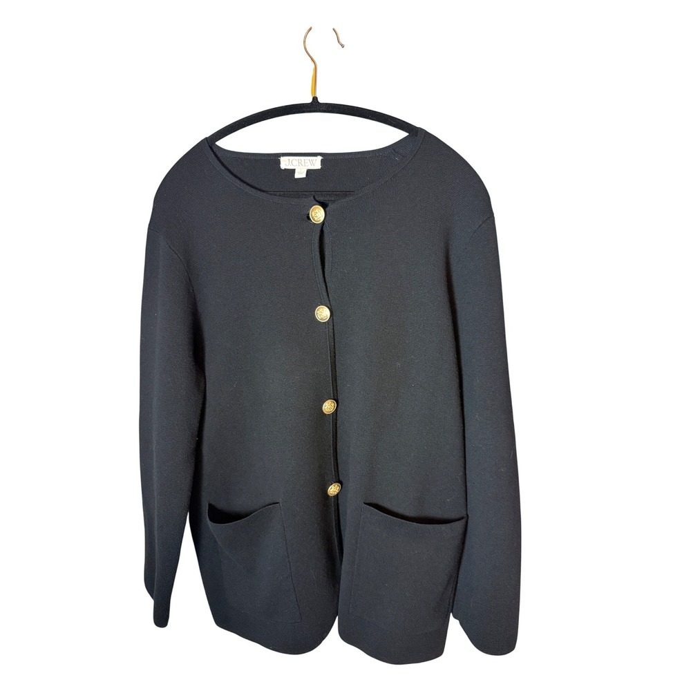 J.Crew Cardigan Sweater Womens L Black Excellent Gold Crest Button Merino Blend